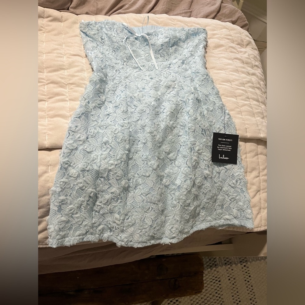 Lulu's Pale Blue Strapless Floral Lace Dress
